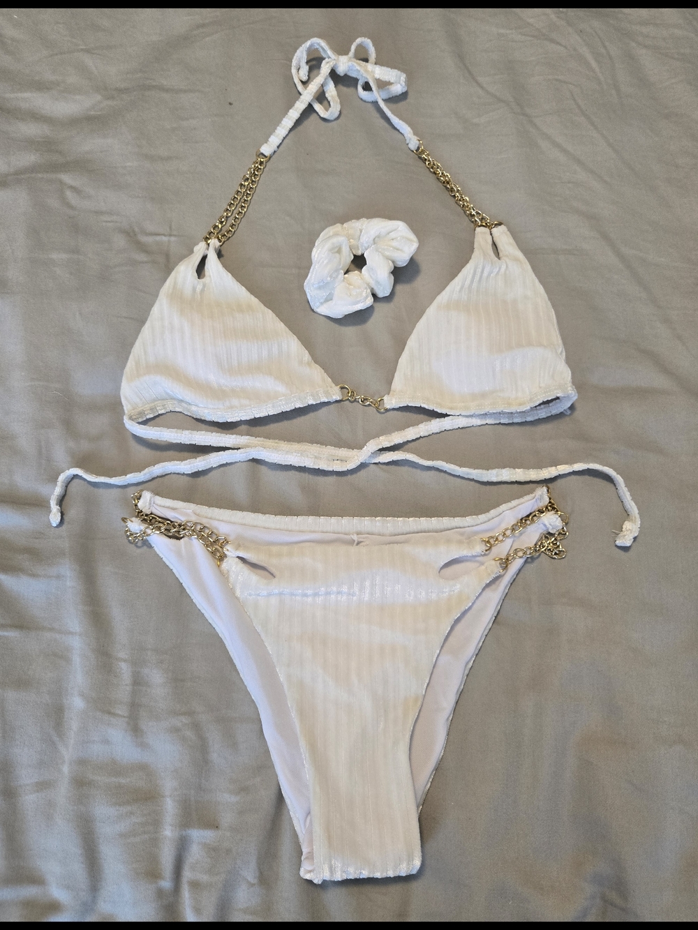 Shein Plush Velvet Striped White 3 Piece Bikini Set